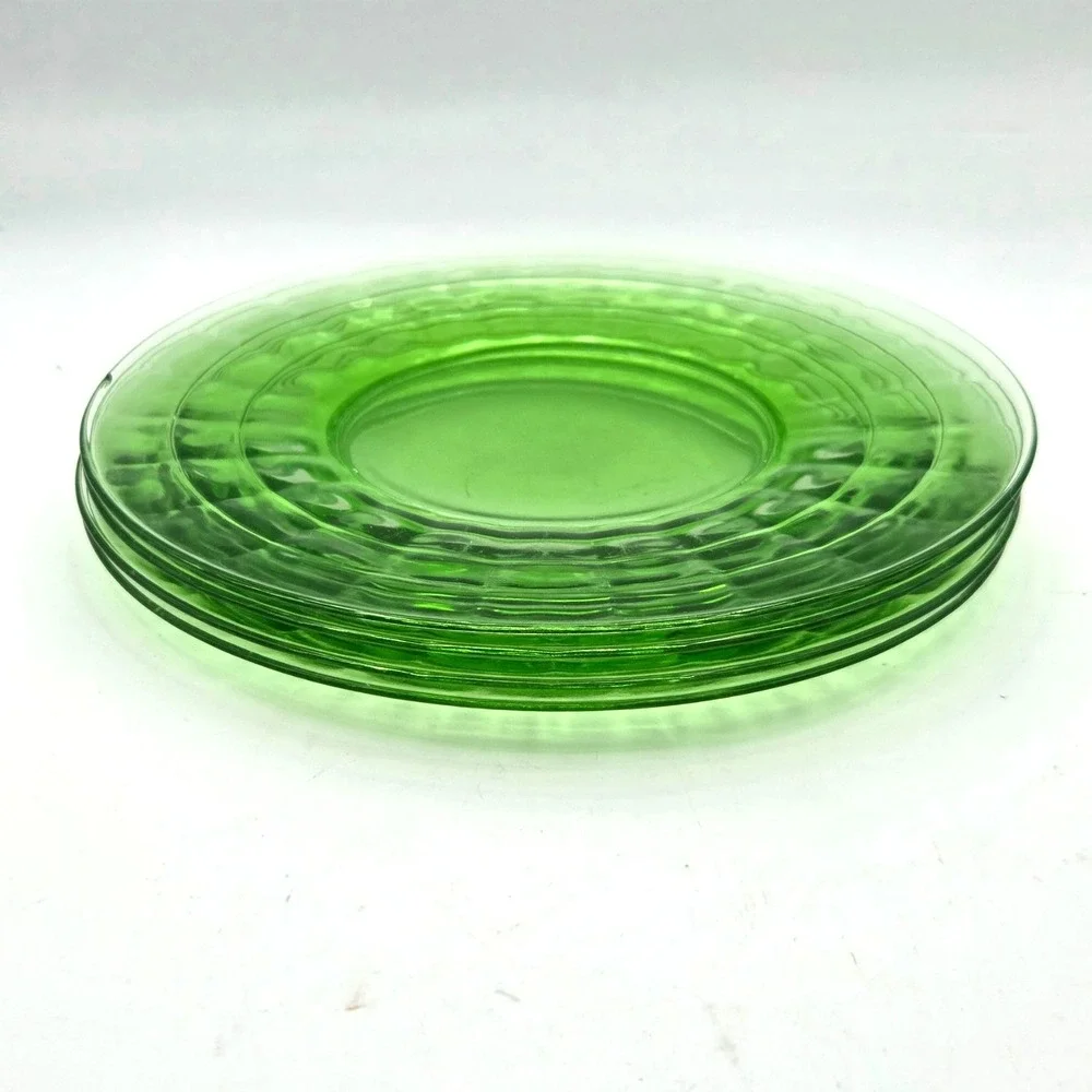 (4) Anchor Hocking Block Optic Green Uranium Depression Glass 8